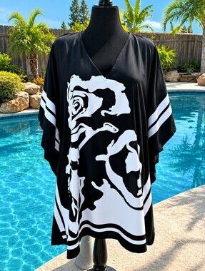 Kaftan Top Black White Floral Swimsuit Coverup  🤍 NWT